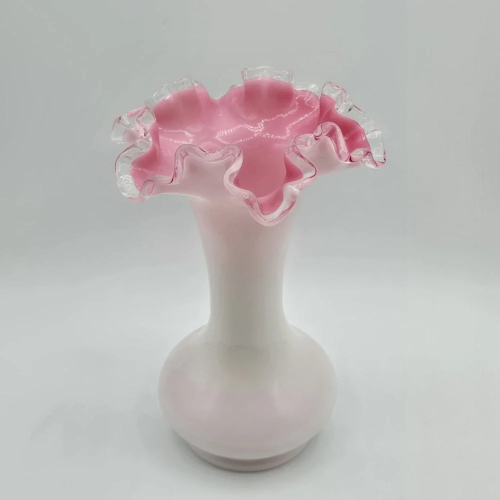 Fenton Peach Crest White And Pink Glass Double Ruffled Crimped 8